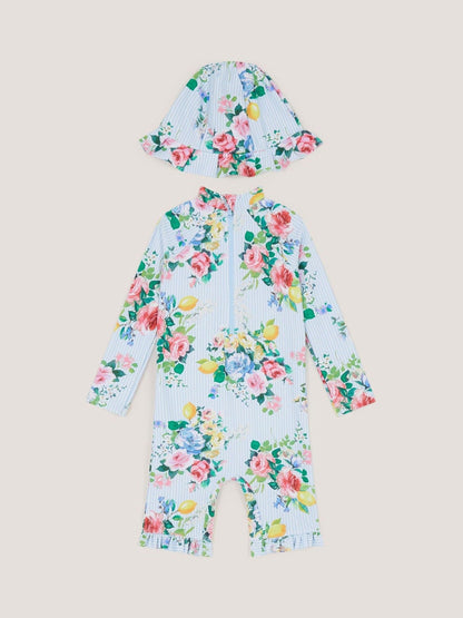 Monsoon Blue Baby Floral Stripe UPF50+ Swimsuit & Sun Hat image 1