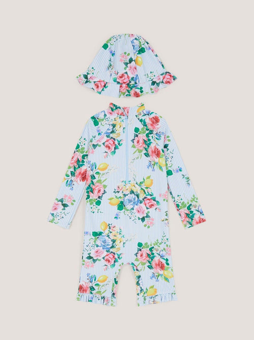 Dsiney Kidz - Monsoon Blue Baby Floral Stripe UPF50+ Swimsuit & Sun Hat image 1