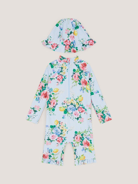 Monsoon Blue Baby Floral Stripe UPF50+ Swimsuit & Sun Hat image 1