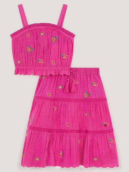 Dsiney Kidz - Monsoon Pink Embroidered Floral Top & Skirt Set image 1