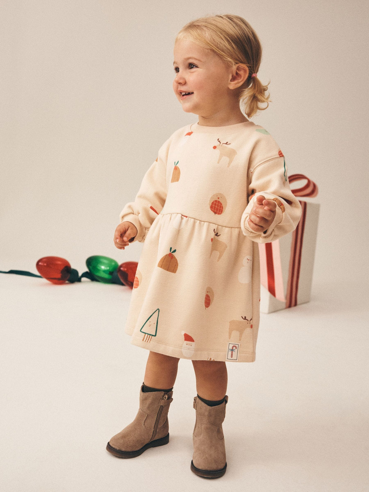 Ecru Christmas Long Sleeve Sweat Dress (3mths-7yrs) - image 2