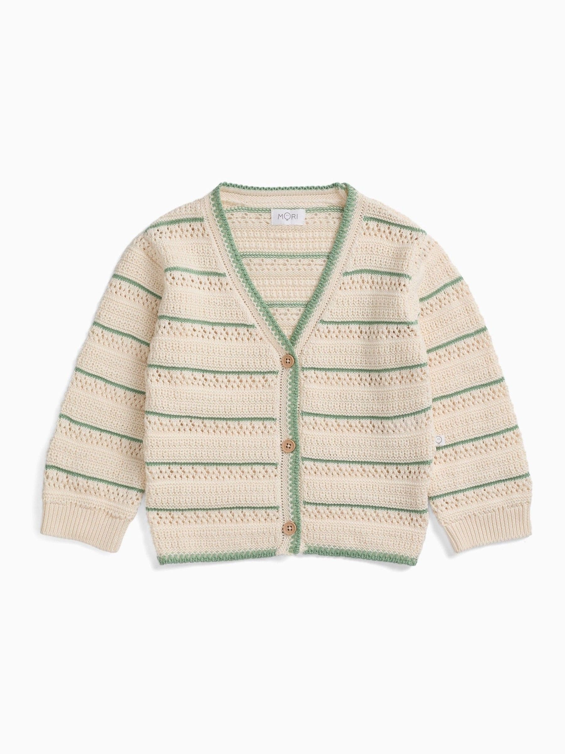 Dsiney Kidz - MORI Cream Stripe V-Neck Pointelle Knitted Soft Cotton Cardigan image 1