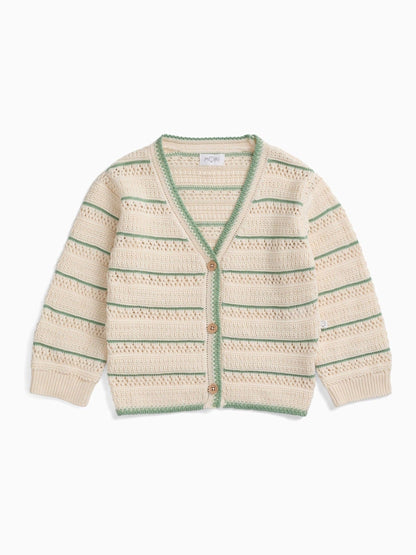 Dsiney Kidz - MORI Cream Stripe V-Neck Pointelle Knitted Soft Cotton Cardigan image 1