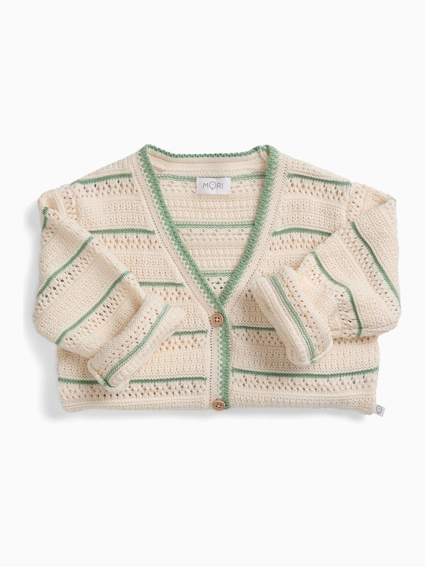 Dsiney Kidz - MORI Cream Stripe V-Neck Pointelle Knitted Soft Cotton Cardigan image 2