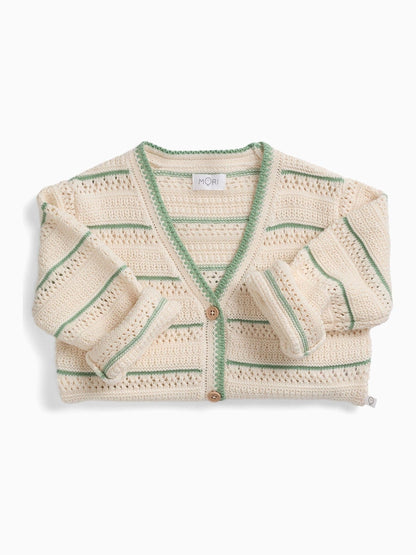 Dsiney Kidz - MORI Cream Stripe V-Neck Pointelle Knitted Soft Cotton Cardigan image 2