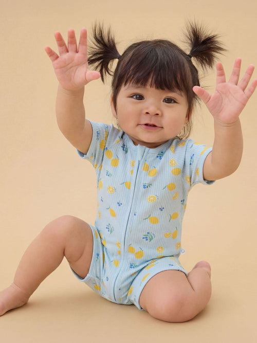 MORI Blue Lemon Lullaby Supersoft Ribbed Summer Zip-Up Romper image 1