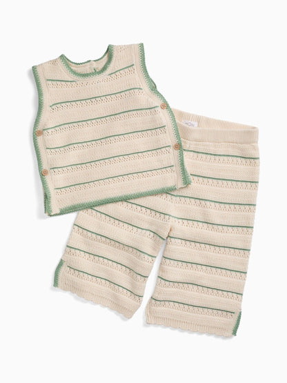 MORI Cream Striped Pointelle Knitted Soft Cotton Trousers image 6