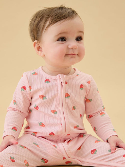MORI Pink Strawberry Fields Supersoft Ribbed Two Way Zip Up Sleepsuit image 1