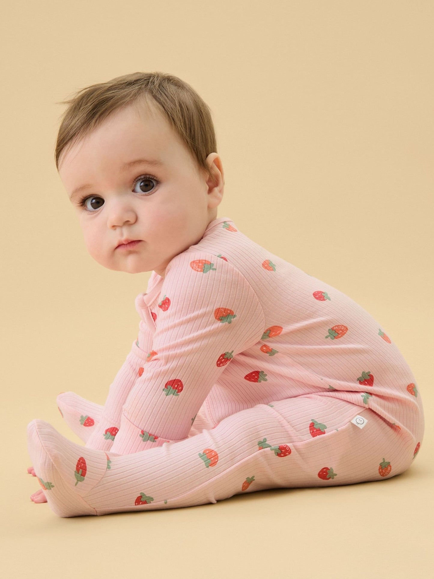 MORI Pink Strawberry Fields Supersoft Ribbed Two Way Zip Up Sleepsuit image 2
