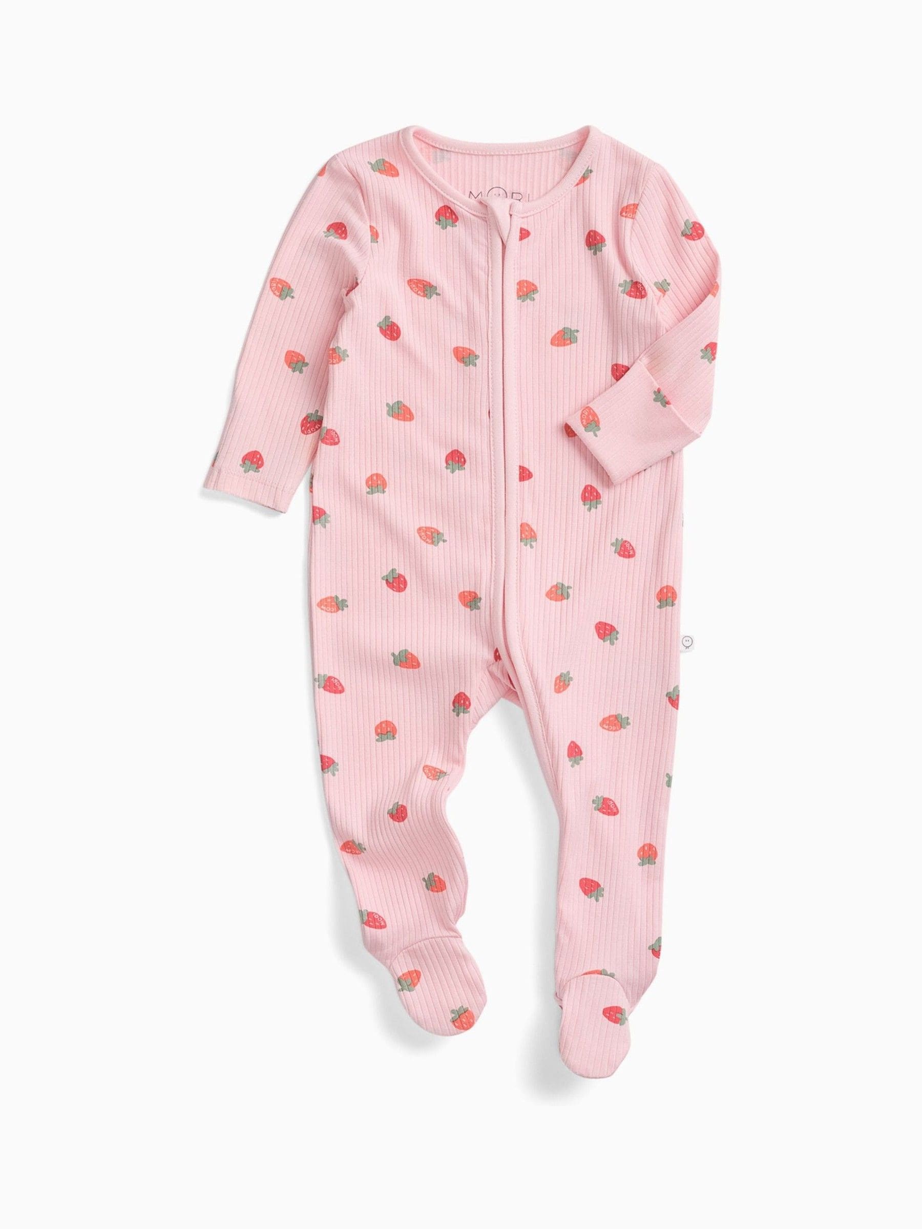 MORI Pink Strawberry Fields Supersoft Ribbed Two Way Zip Up Sleepsuit image 3