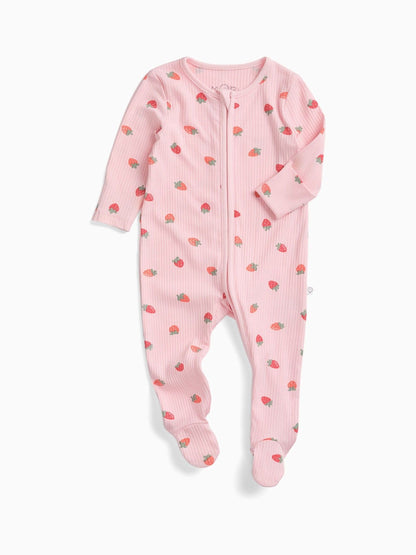 MORI Pink Strawberry Fields Supersoft Ribbed Two Way Zip Up Sleepsuit image 3
