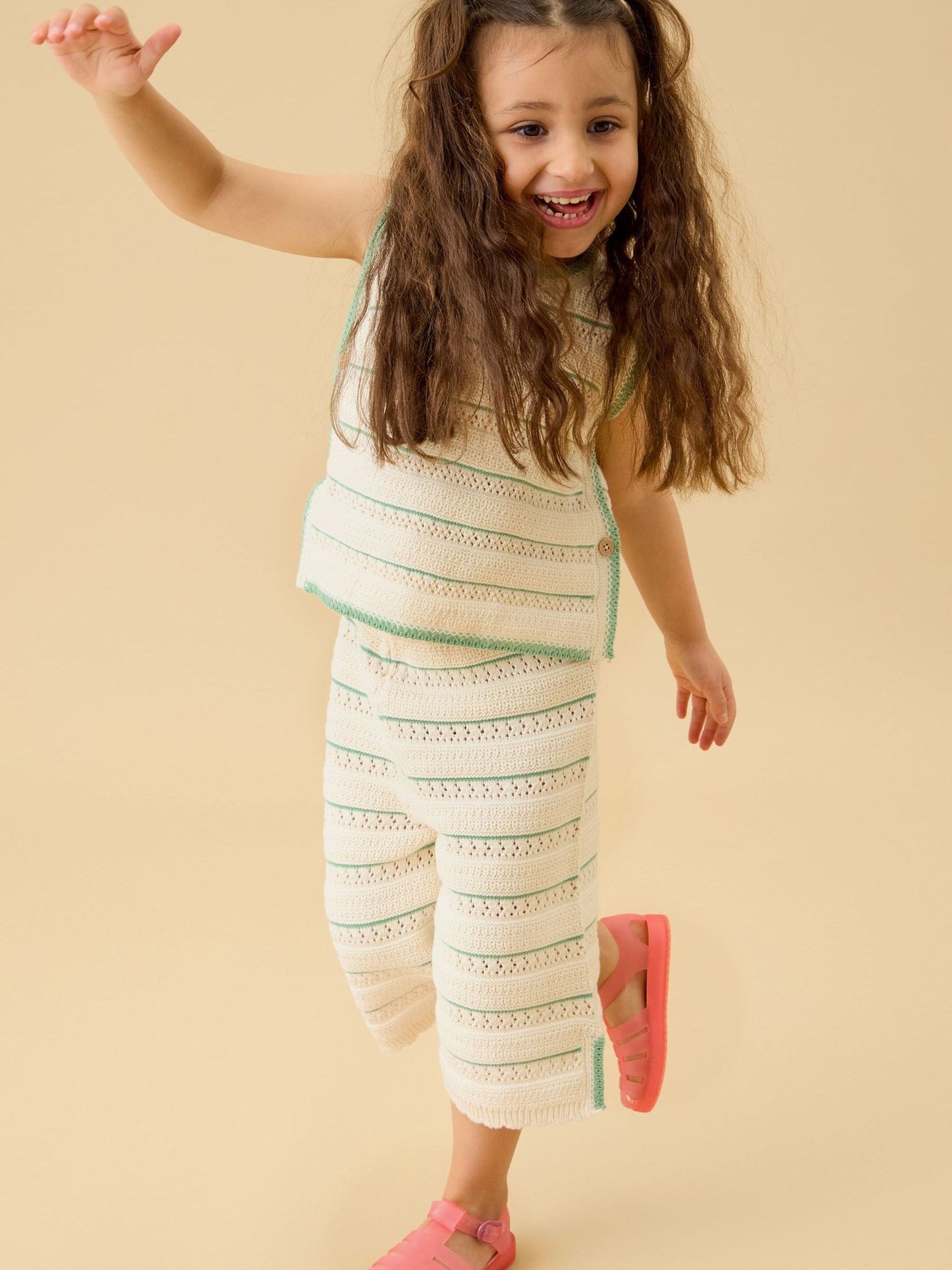 Dsiney Kidz - MORI Cream Striped Pointelle Knitted Soft Cotton Tank Top image 2