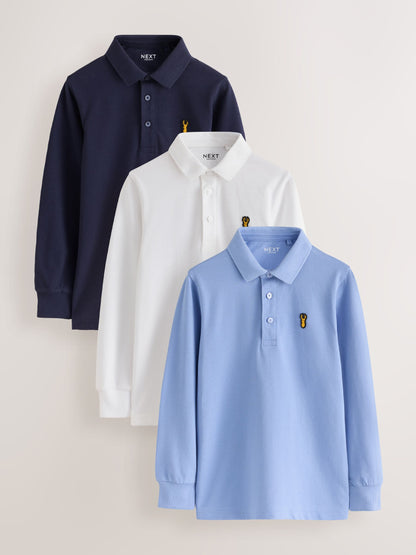 Dsiney Kidz - Blue/ Navy/ White Stag Long Sleeve Polo Shirts 3 Pack (3-16yrs) image 1