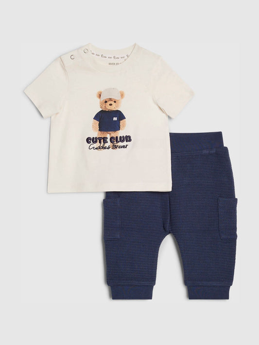 River Island Cream Cute Club Bear T-Shirt & Joggers Set image 1