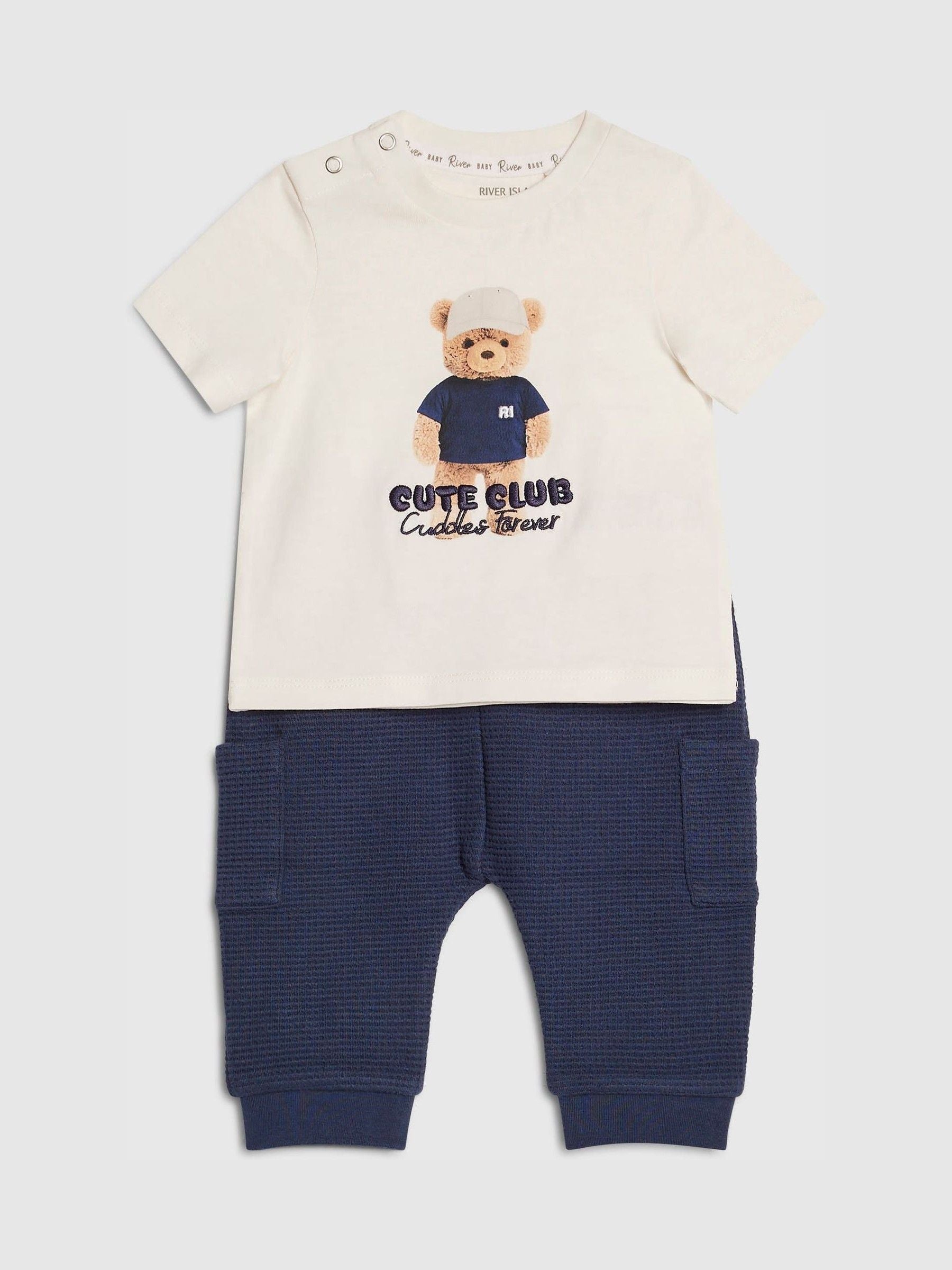 River Island Cream Cute Club Bear T-Shirt & Joggers Set image 3