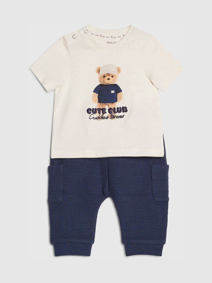 River Island Cream Cute Club Bear T-Shirt & Joggers Set image 3