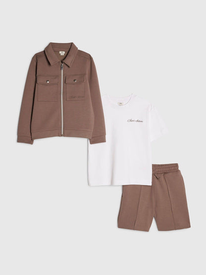 Dsiney Kidz - River Island Brown Scuba Harrington Jacket T-Shirt & Short 3 Piece Set image 1