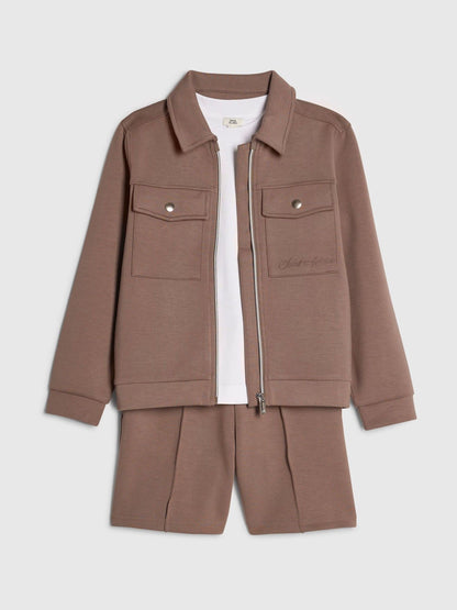 Dsiney Kidz - River Island Brown Scuba Harrington Jacket T-Shirt & Short 3 Piece Set image 3