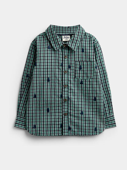 Dsiney Kidz - JoJo Maman Bébé Green Check Christmas Tree All Over Embroidered Shirt image 1