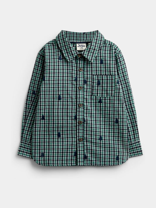 Dsiney Kidz - JoJo Maman Bébé Green Check Christmas Tree All Over Embroidered Shirt image 1