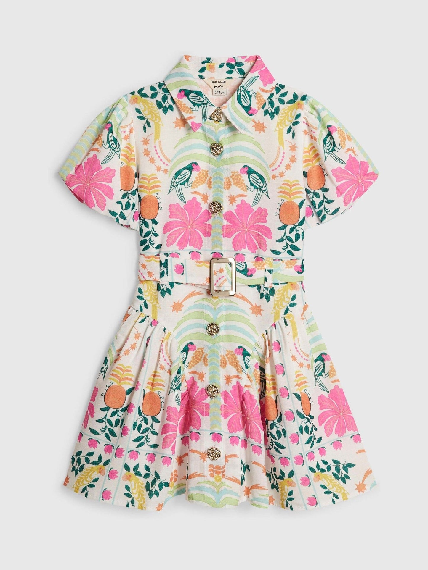 River Island Pink Satin Parrot Shirt Dress image 1