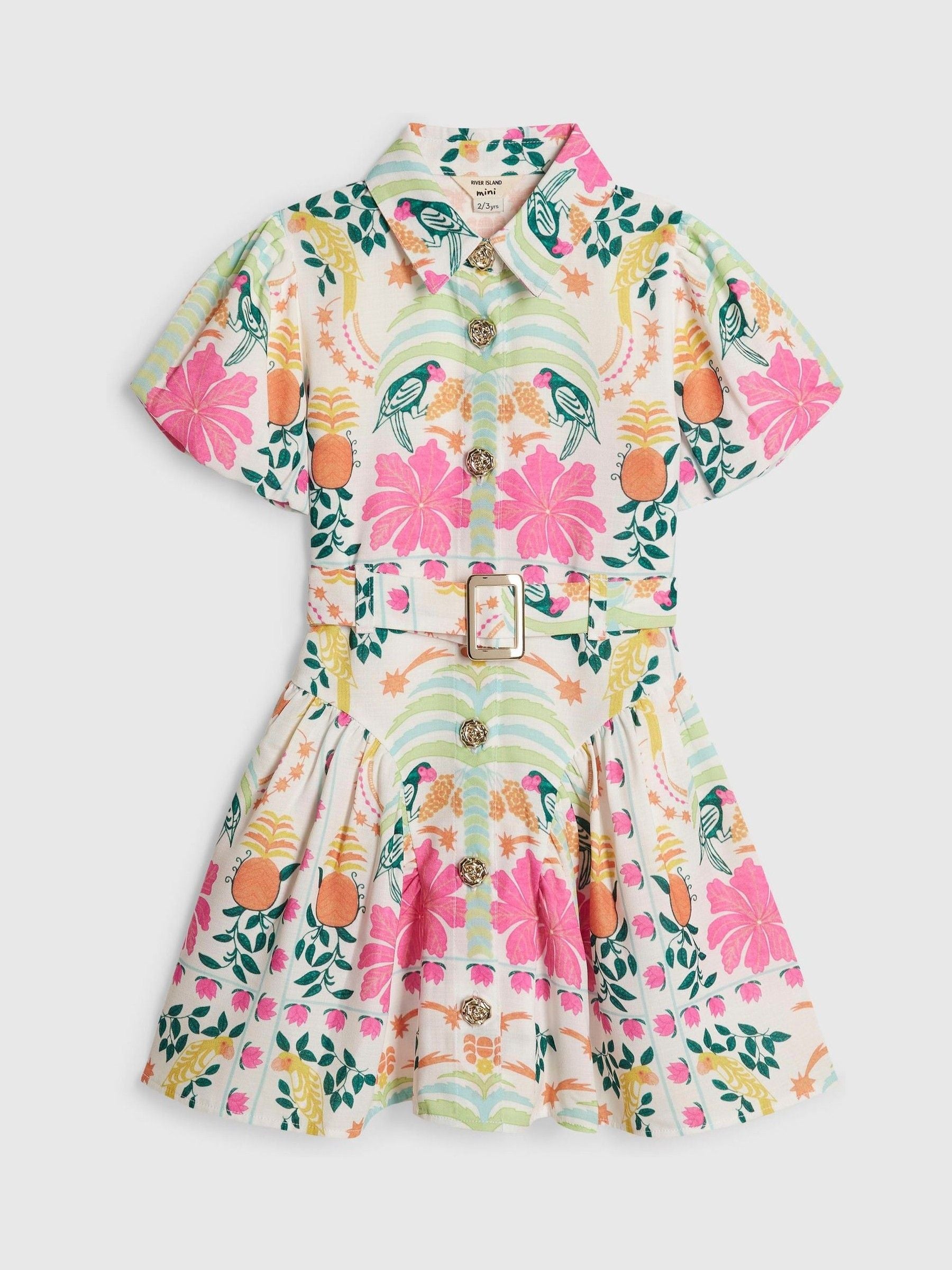River Island Pink Satin Parrot Shirt Dress image 1
