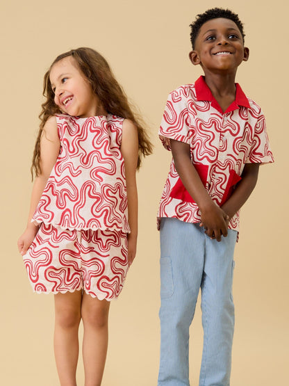 Dsiney Kidz - KIDLY by MORI Red Soft Cotton Poplin Red Swirl Shirt image 3