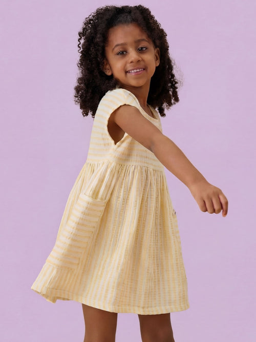 Dsiney Kidz - KIDLY by MORI Yellow Soft Cotton Muslin Stripe Dress image 1
