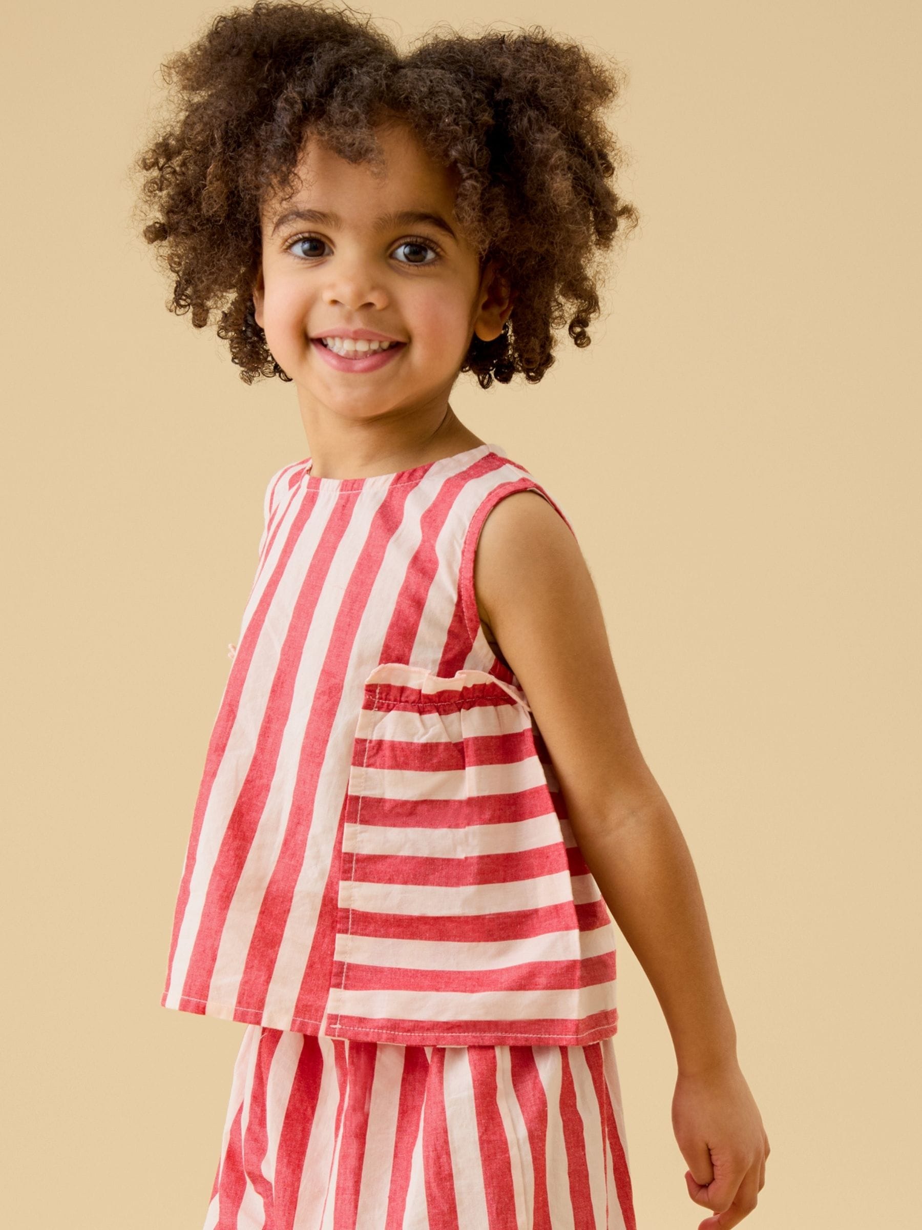 Dsiney Kidz - KIDLY by MORI Red Soft Cotton Poplin Frill Stripe Top image 2