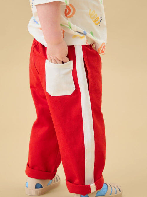 KIDLY by MORI Red Soft Cotton Side Stripe Relaxed Fit Trousers image 1