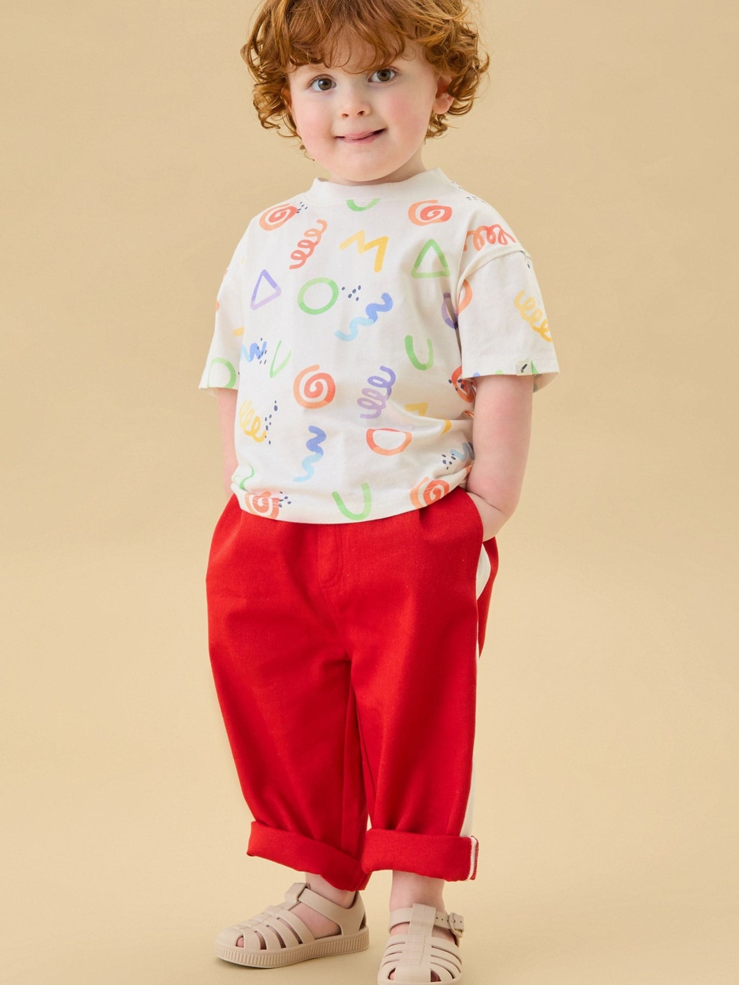 KIDLY by MORI Red Soft Cotton Side Stripe Relaxed Fit Trousers image 2