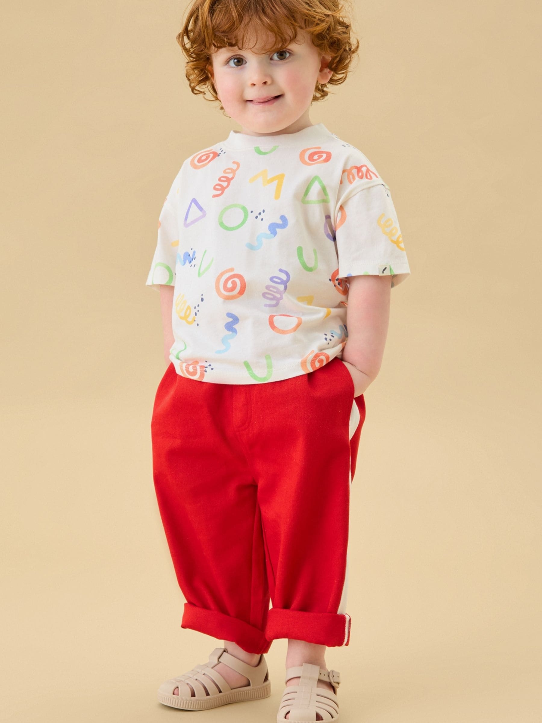 KIDLY by MORI Red Soft Cotton Side Stripe Relaxed Fit Trousers image 2