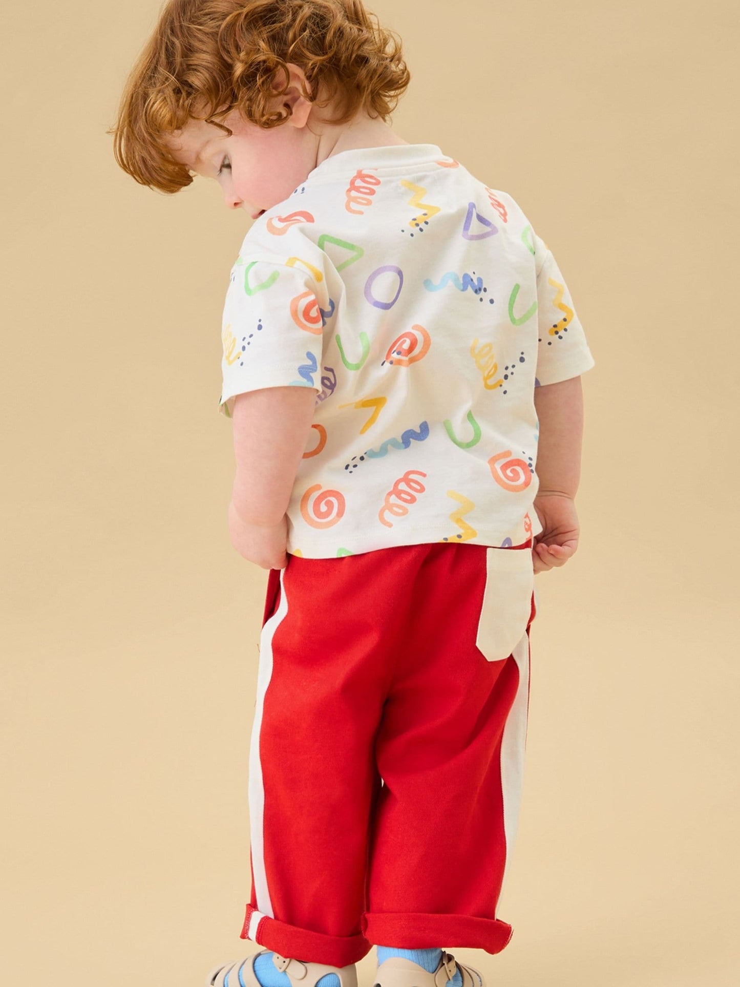KIDLY by MORI Red Soft Cotton Side Stripe Relaxed Fit Trousers image 4