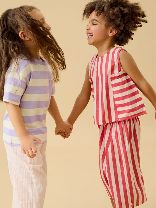 KIDLY by MORI Red Stripe Cropped Soft Cotton Poplin Trousers image 2