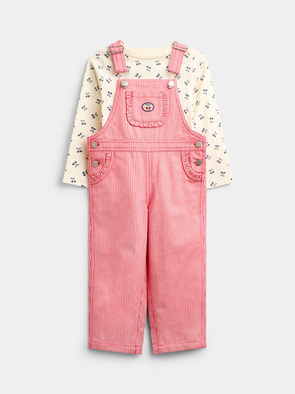 JoJo Maman Bébé Bright Red Cherry Pinstripe Dungaree & Printed Top Set - image 1