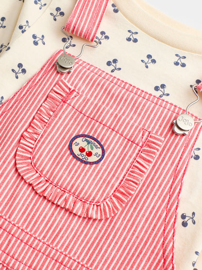 JoJo Maman Bébé Bright Red Cherry Pinstripe Dungaree & Printed Top Set - image 6