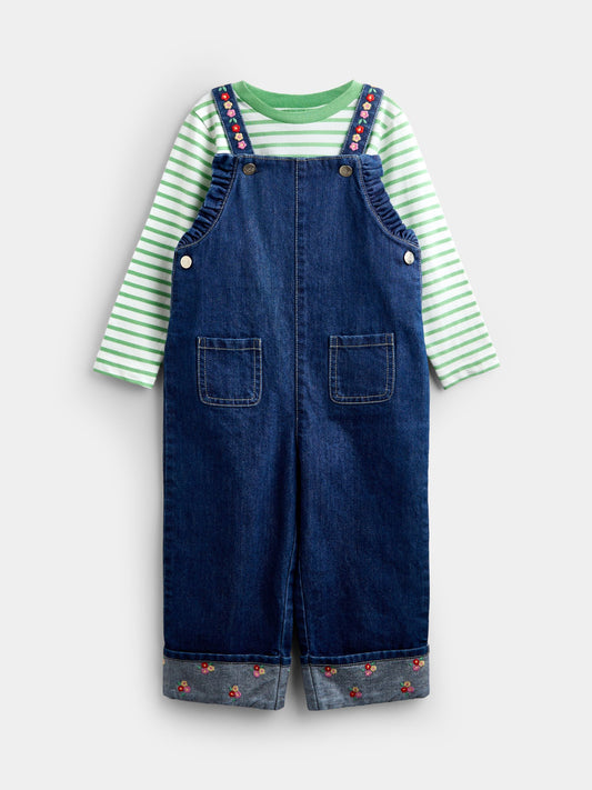 JoJo Maman Bébé Blue Denim Embroidered Dungarees & T-Shirt Set - image 1