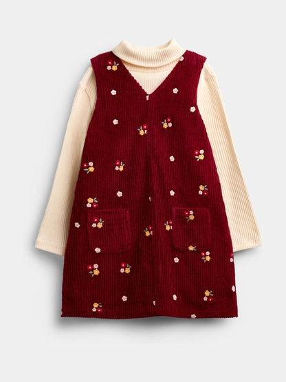 Dsiney Kidz - Jojo Maman Bébé Dark Red Floral Embroidered Cord Pinafore & Top image 1