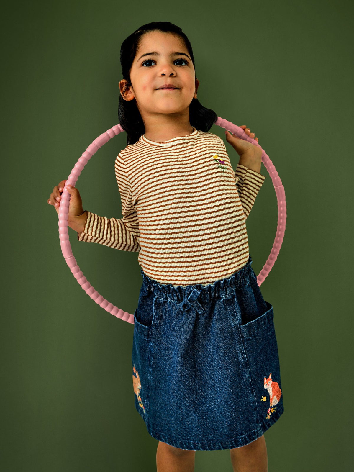 JoJo Maman Bébé Dark Blue Denim Fox & Squirrel Appliqué Denim Skirt & Rib Top - image 1