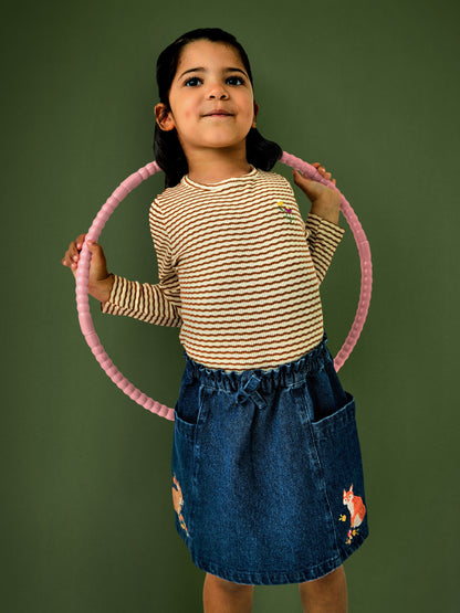JoJo Maman Bébé Dark Blue Denim Fox & Squirrel Appliqué Denim Skirt & Rib Top - image 1