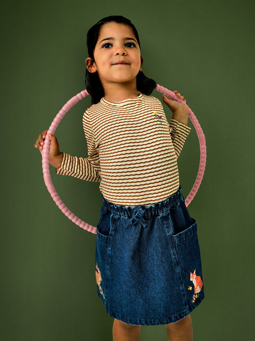JoJo Maman Bébé Dark Blue Denim Fox & Squirrel Appliqué Denim Skirt & Rib Top - image 1