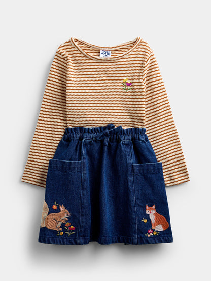 JoJo Maman Bébé Dark Blue Denim Fox & Squirrel Appliqué Denim Skirt & Rib Top - image 2