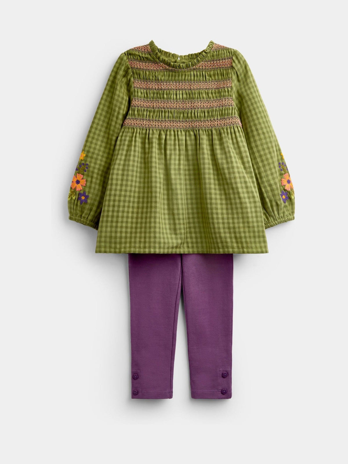 JoJo Maman Bébé Khaki Green Floral Embroidered Smocked Blouse & Legging Set - image 1