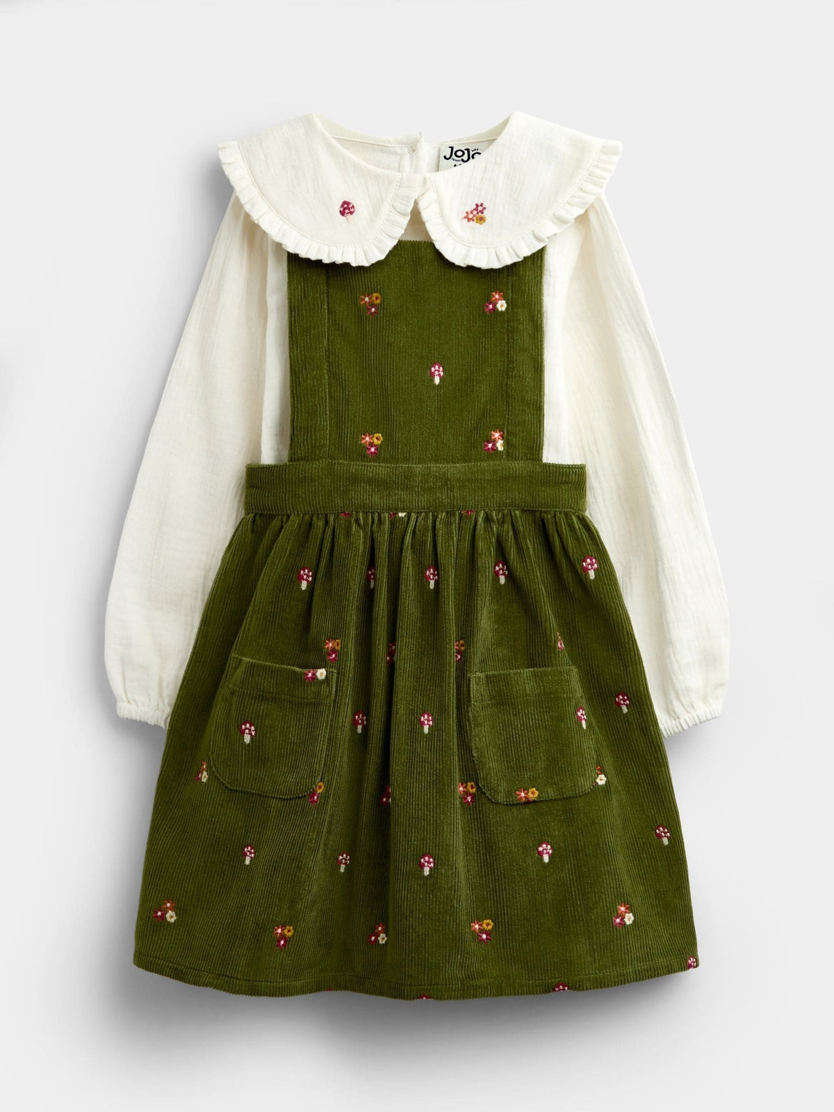 JoJo Maman Bébé Khaki Green Woodland Embroidered Cord Pinafore & Blouse Set - image 1