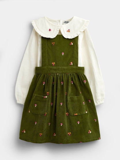 JoJo Maman Bébé Khaki Green Woodland Embroidered Cord Pinafore & Blouse Set - image 1