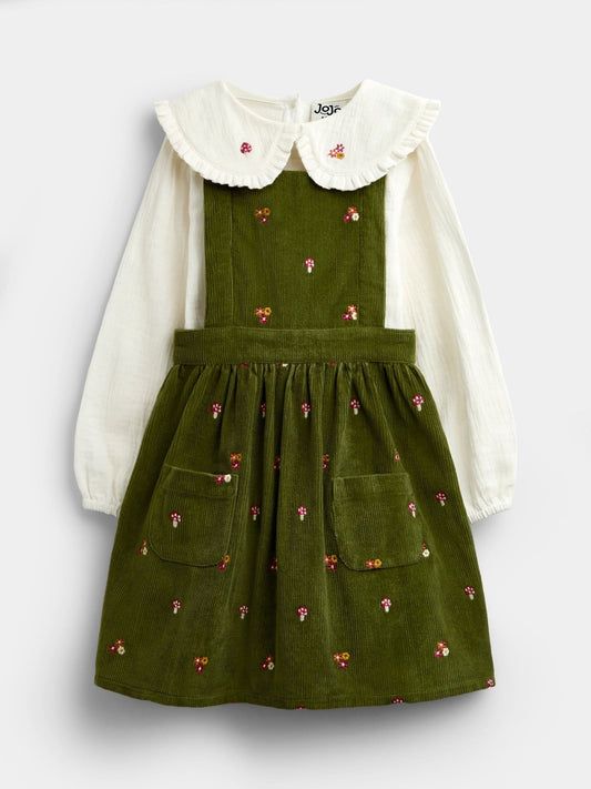 Dsiney Kidz - JoJo Maman Bébé Khaki Green Woodland Embroidered Cord Pinafore & Blouse Set image 1