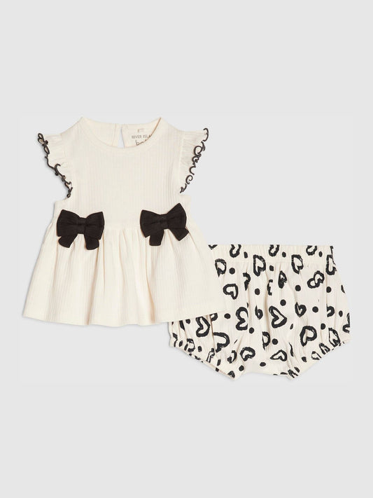 River Island Cream Bow Peplum Rib Top & Short Set image 1