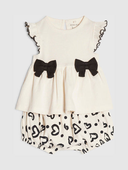 River Island Cream Bow Peplum Rib Top & Short Set image 3