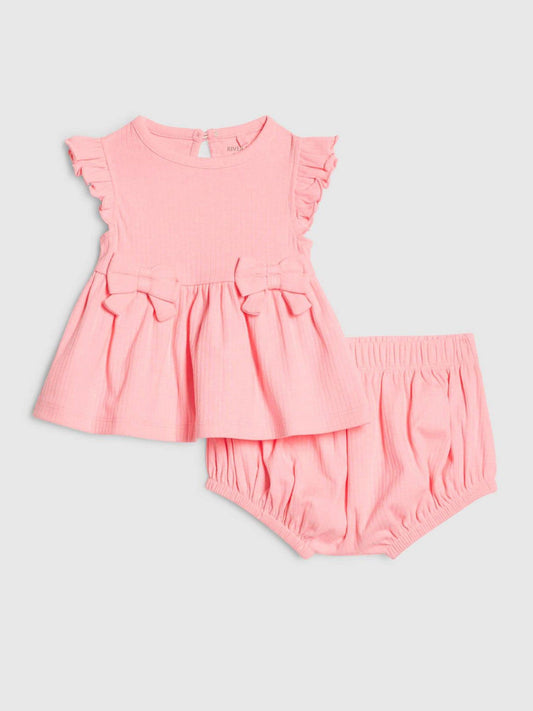 Dsiney Kidz - River Island Pink Bow Peplum Rib Top and Shorts Set image 1