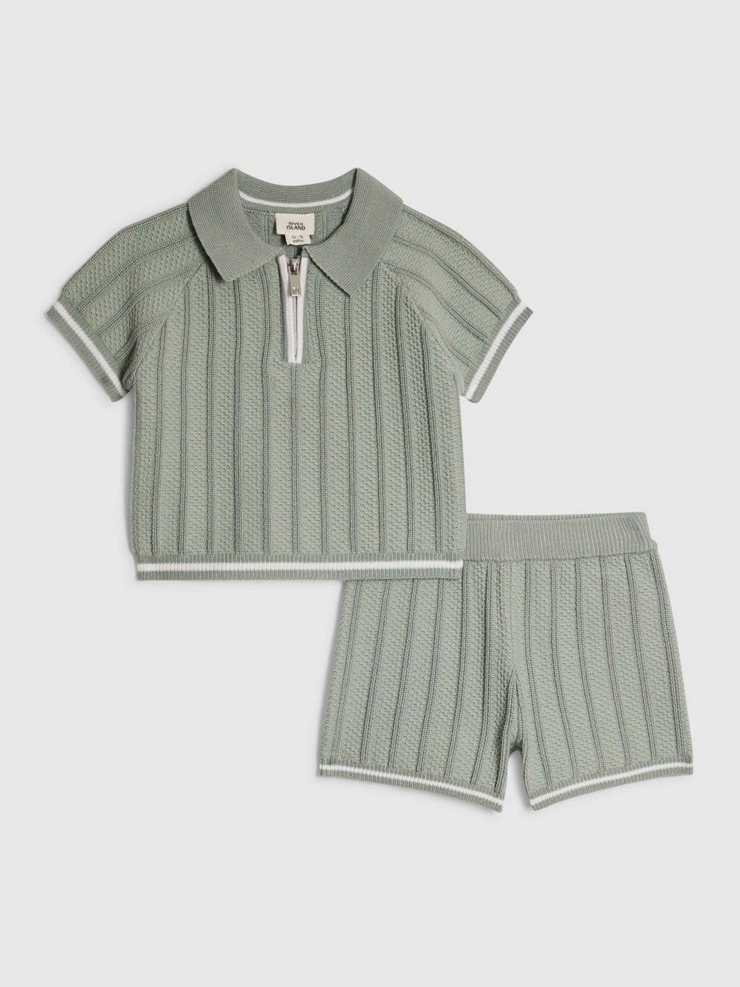 River Island Green Knitted Polo Top & Short Set image 1
